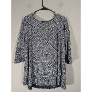 Lucky Brand Womens Navy Paisley Print 3/4 Sleeve Top Sz 1X Casual Mature Boho
